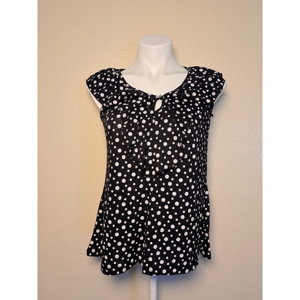 Y2K Zena Polka Dot Ruffle Keyhole Sleeveless Blouse Black White Medium #11